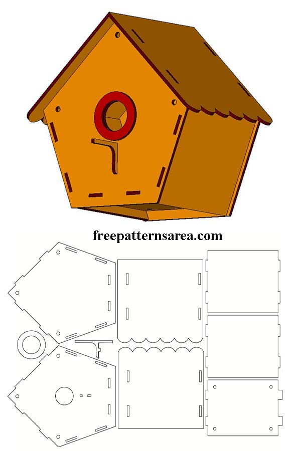 Free PDF template for an easy-to-build wooden birdhouse. Suitable for laser cutters and traditional woodworking tools. Create a cozy home for small birds in your garden.