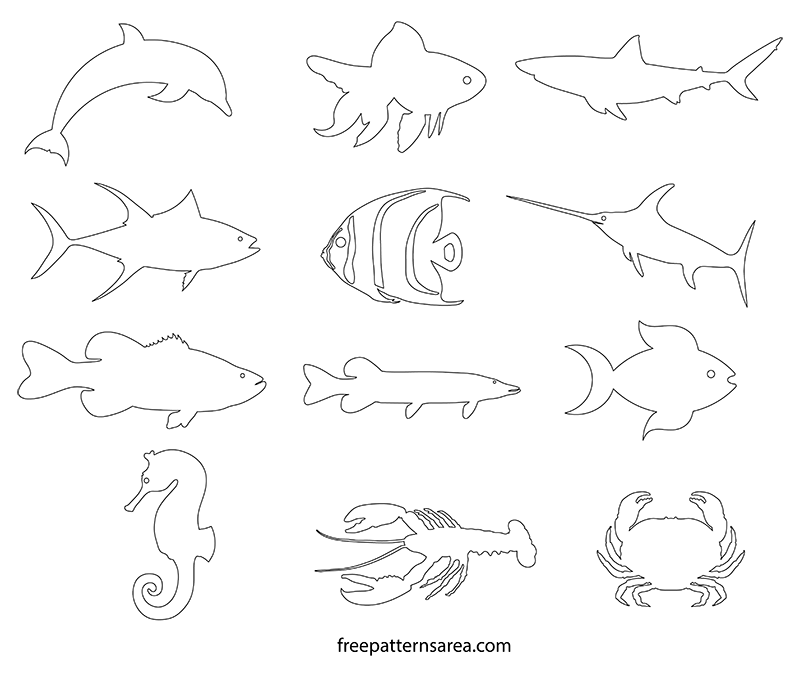Printable Outline Stencil Fish pdf Templates. Fish cut out sketch patterns.