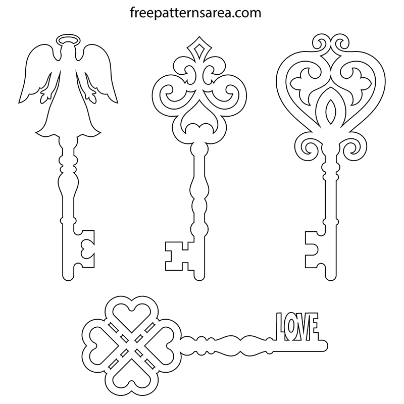 Printable key outline template. Old key cut out sketch patterns.