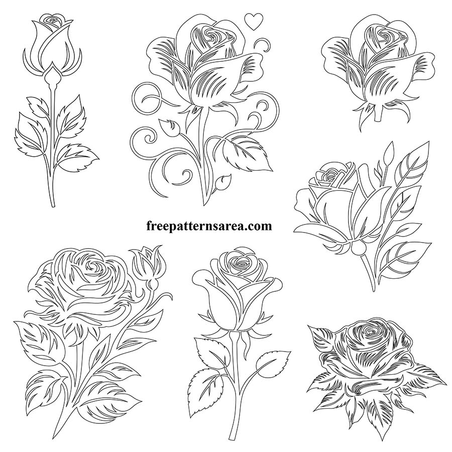 Elegant rose drawing templates in high-detail line art, perfect for print and craft activities, free to download.