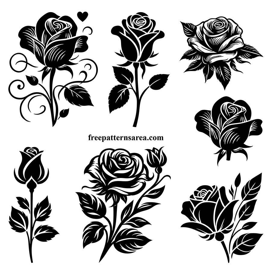 Free transparent black and white rose flower vector art designs.