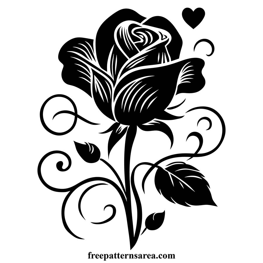 Single rose silhouette with swirls and hearts. Artistic rose-floral vector.
