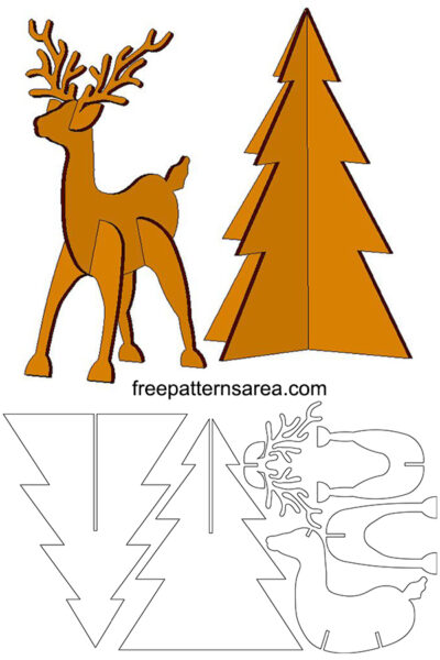 3D Reindeer & Christmas Tree Puzzle, Cardboard Animal Template