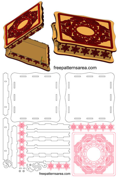 Laser cut wood jewellery set box with lid template for cnc laser cutters.
