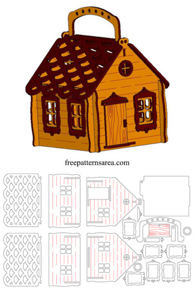Laser cut woden candy house box template with lid. DXF CNC puzzle box design.
