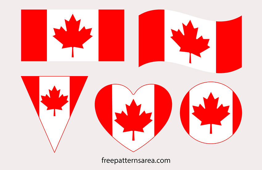 Canadian national flag vector shapes in heart, circle, and triangle together with standard image and wavy images.