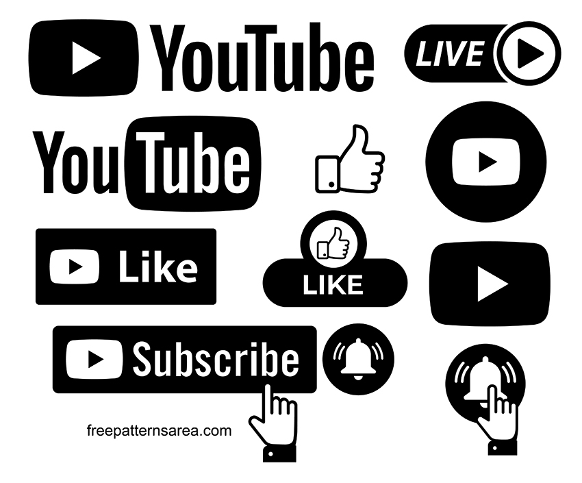 Black and white youtube logo, icon, emblem, banner and buttons vector. Black and white youtube subscribe, live, like, play and notification bell buttons and banners.