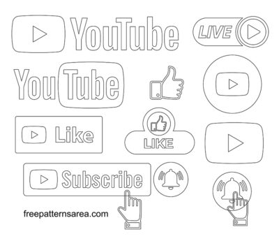 Printable youtube logo, banners, icons and buttons outline templates in PDF file. Youtube outline subscribe, live, like, play and notification bell buttons and banners patterns.