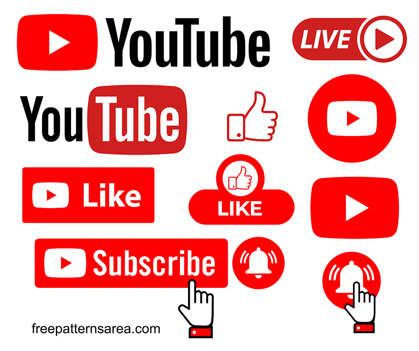 HD Youtube logo, vector designs. Youtube subscribe, live, like, play and notification bell buttons and banners. Transparent Youtube icons in free svg, eps, png and dxf files for watermark.