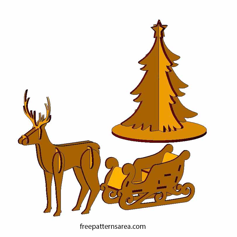 Laser Cut Deer, Tree, and Santa Sleigh 3D Puzzle Templates