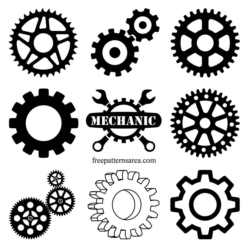 Gear-Cog Wheel Image: Black and white, transparent silhouette vector illustration in PDF, DXF, and CDR files