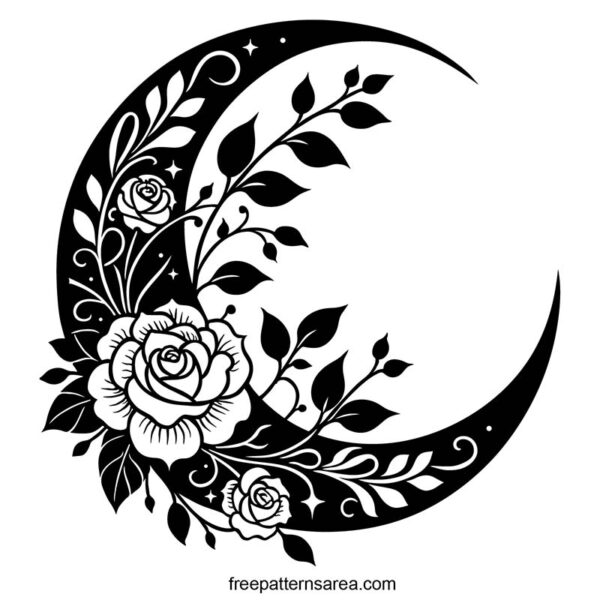 Black and White vector illustration of a crescent moon adorned with detailed roses and leaf patterns, evoking a sense of romance and elegance.