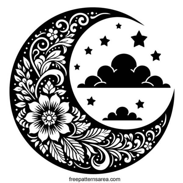 A bohemian-inspired crescent moon vector illustration with intricate floral patterns and cloud details, available for free download in SVG, PNG, DXF, and CDR file formats. Compatible with Cricut and Silhouette cutting machines, this design is perfect for a variety of creative projects, such as making custom vinyl decals, stickers, and heat transfer designs.