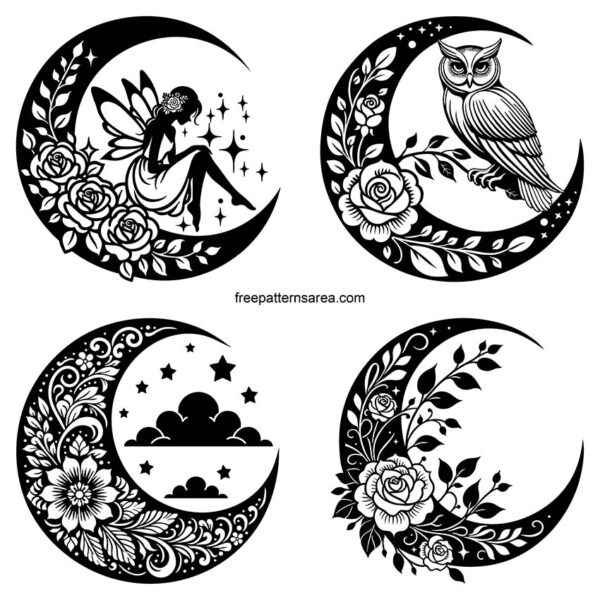 Black and white intricate crescent moon designs featuring floral motifs, shimmering stars, a delicate fairy, and an elegant owl. Available for free in PNG, DXF, and CDR formats.
