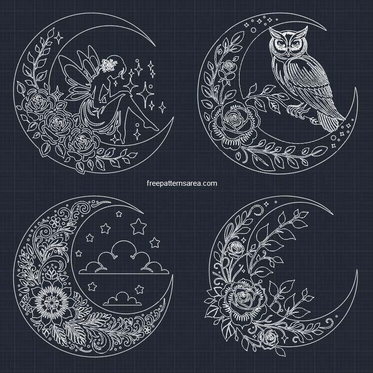 A preview image of a 2D DWG CAD block file for a collection of four crescent moon designs. The file is compatible with AutoCAD and other CAD software programs, making it easy to incorporate the designs into your own projects.