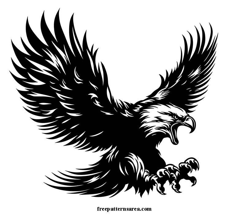 A detailed vector illustration of a powerful eagle in attack with a transparent background. Available for free download in SVG, PNG, DXF, and CDR file formats.