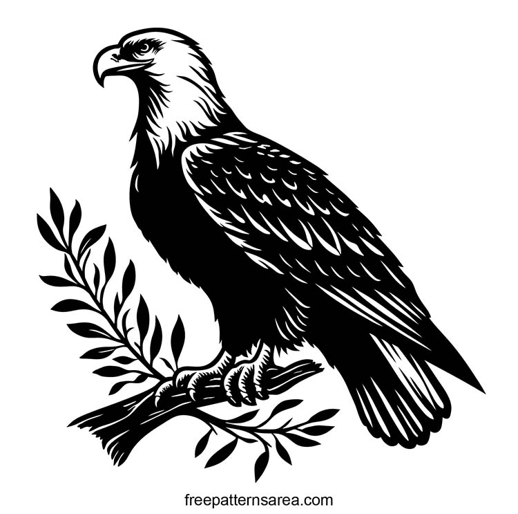 A detailed graphic vector image of an eagle perched on a branch, available for free download in SVG, PNG, DXF and CDR file formats.