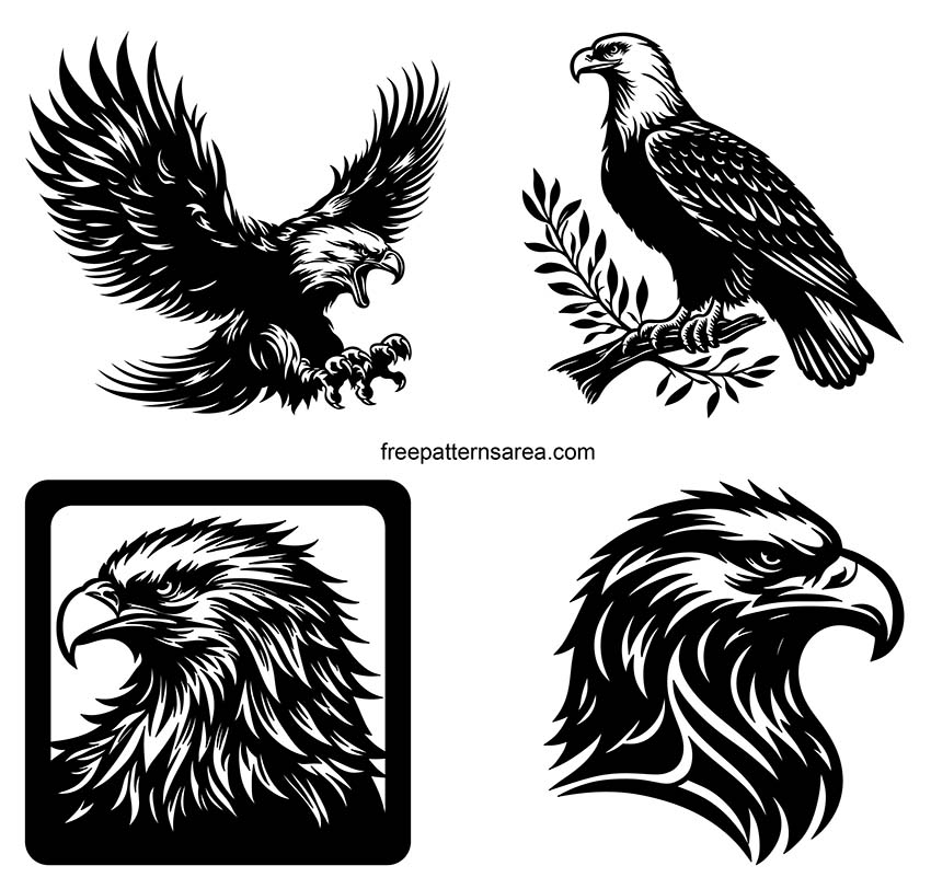 A collection of four free black and white eagle vector art silhouettes available for download in SVG, PNG, DXF and CDR files.