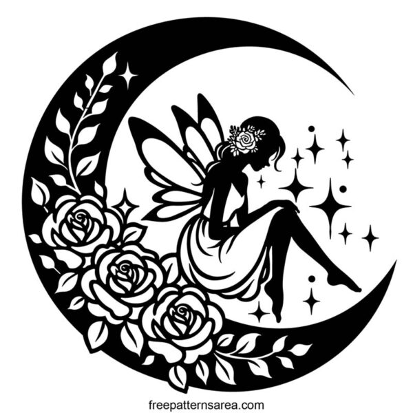 Black and white, celestial crescent moon with fairy silhouette vector illustration, available for free download in SVG, PNG, DXF, and CDR file formats. Perfect for a wide range of creative projects, such as crafting and printing.