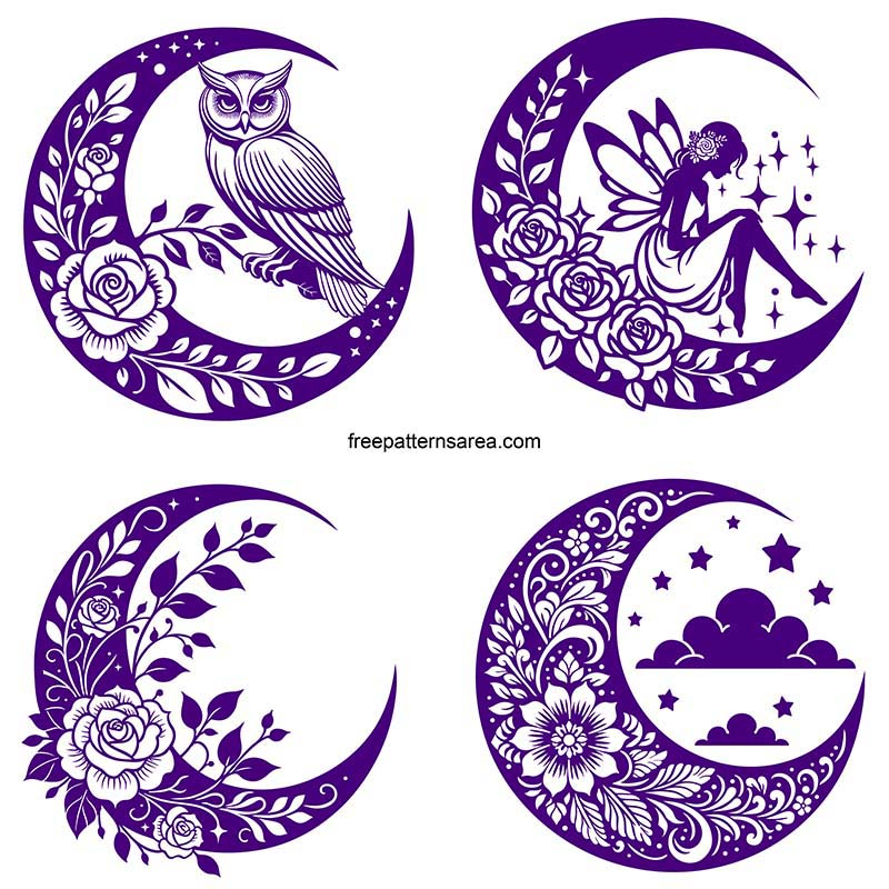 A preview image of the SVG file for a collection of four crescent moon vector illustrations, available for free download. The designs are compatible with Cricut and Silhouette cutting machines, making them perfect for a variety of creative projects, such as making custom vinyl decals, stickers, and heat transfer designs.