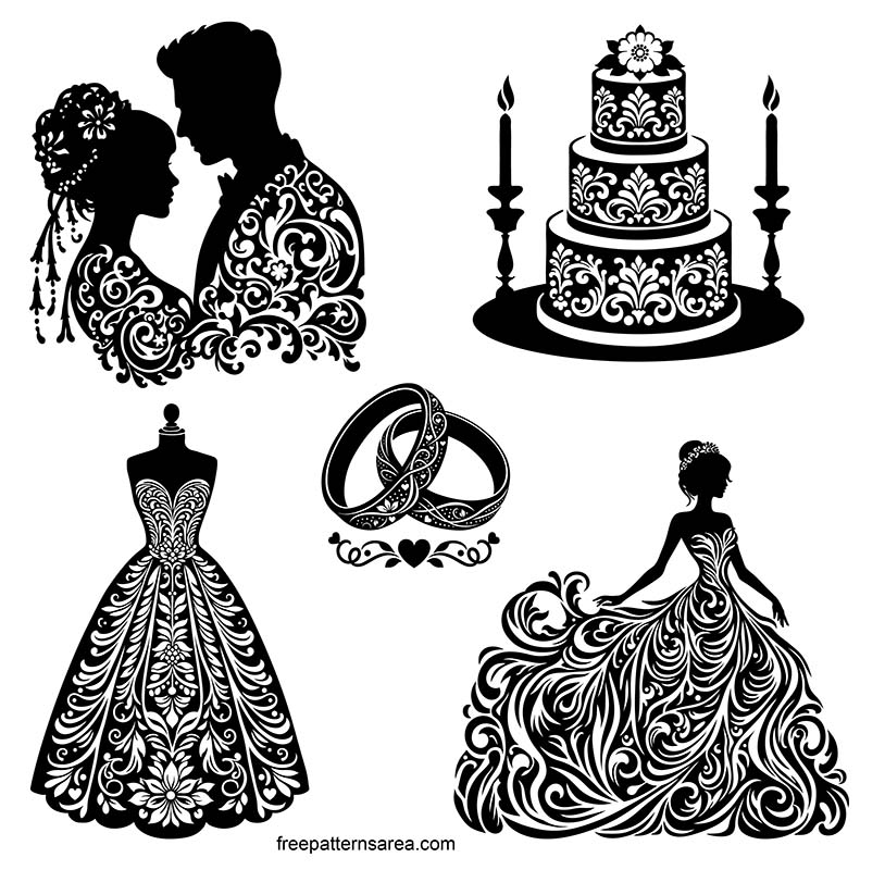 Transparent, black and white, detailed wedding silhouette vector illustrations for free download in PNG, DXF, and CDR file formats.