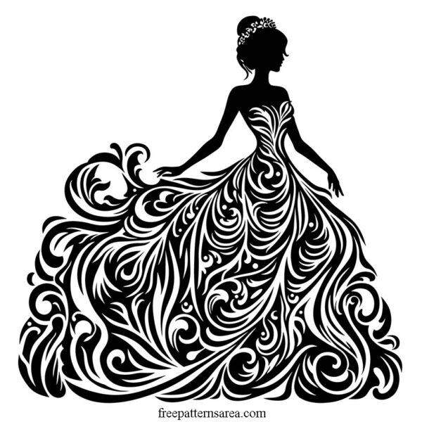 A jubilant bride silhouette vector illustration with detailed gown, symbolizing grace and splendor. Free download in SVG, PNG, DXF, and CDR file formats.