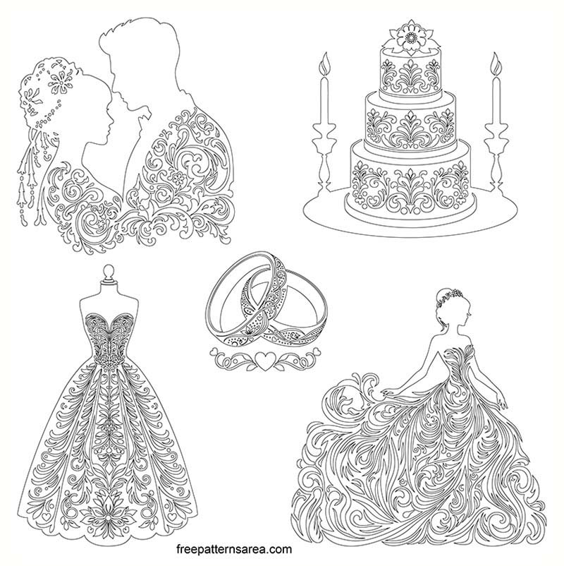 Free printable wedding template drawings of a bride and groom, wedding cake, wedding dress, and wedding rings in PDF file format.