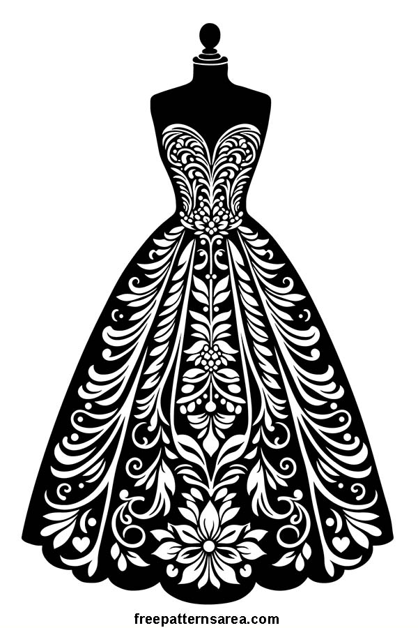 A wedding dress silhouette vector illustration with elaborate floral designs. Free download in SVG, PNG, DXF, and CDR file formats.