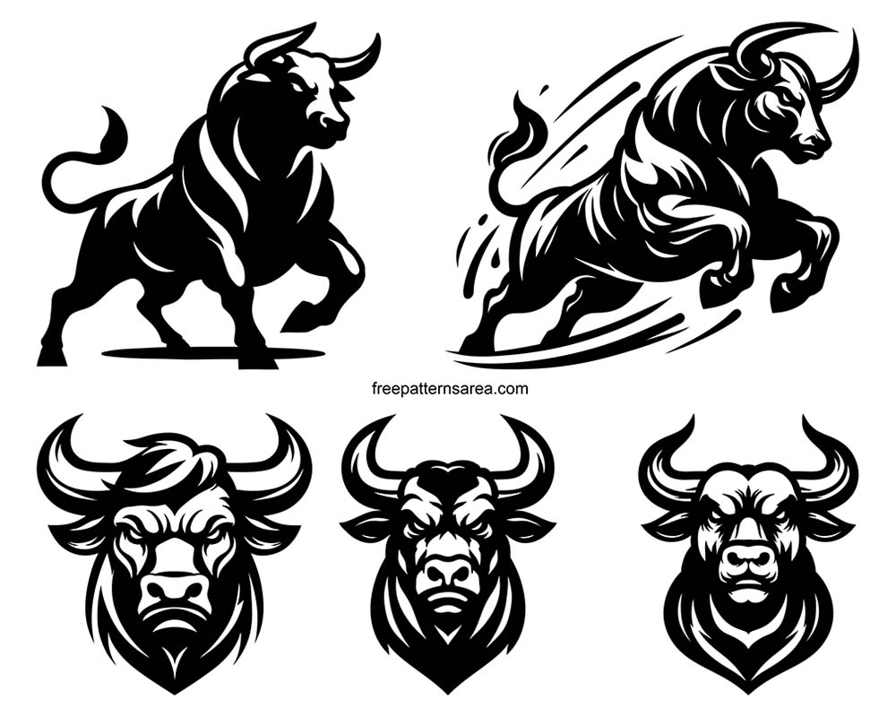 Black and white silhouette bull vector art images in PNG, DXF, CDR files.