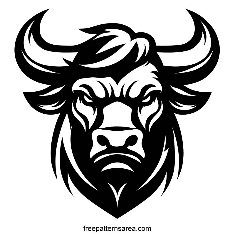 Download free bull vector art showing a stylized bull head with large horns.