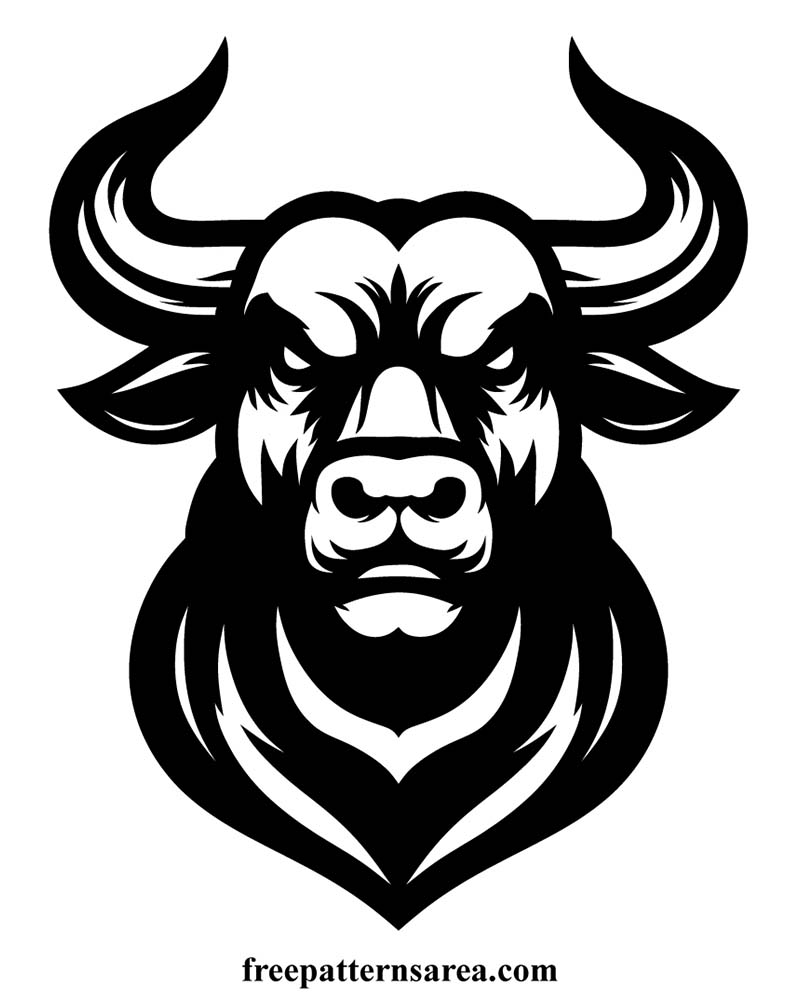 Download angry bull vector graphic with strong facial expression and big horns for tattoo design.