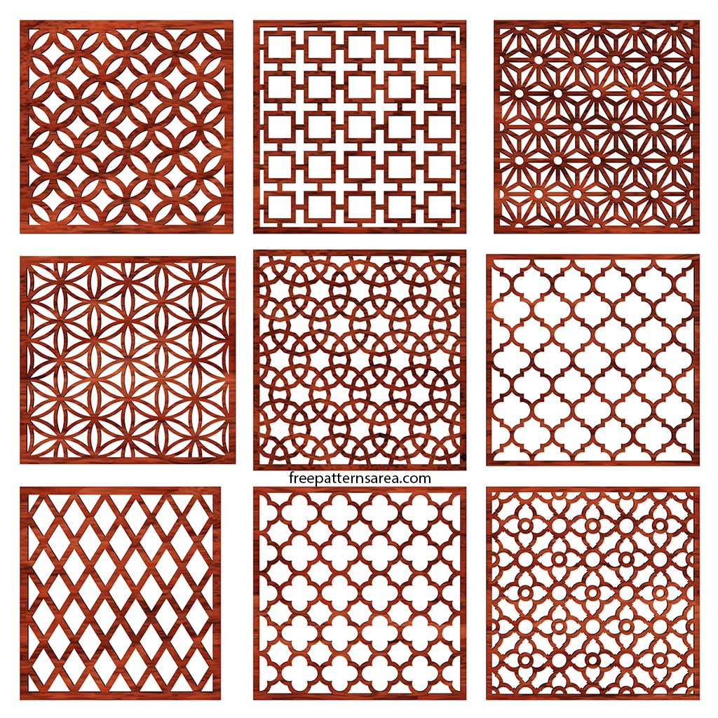Nine geometric panel patterns in DXF format laser cut and CNC routed from wood, for decorative screens and dividers.