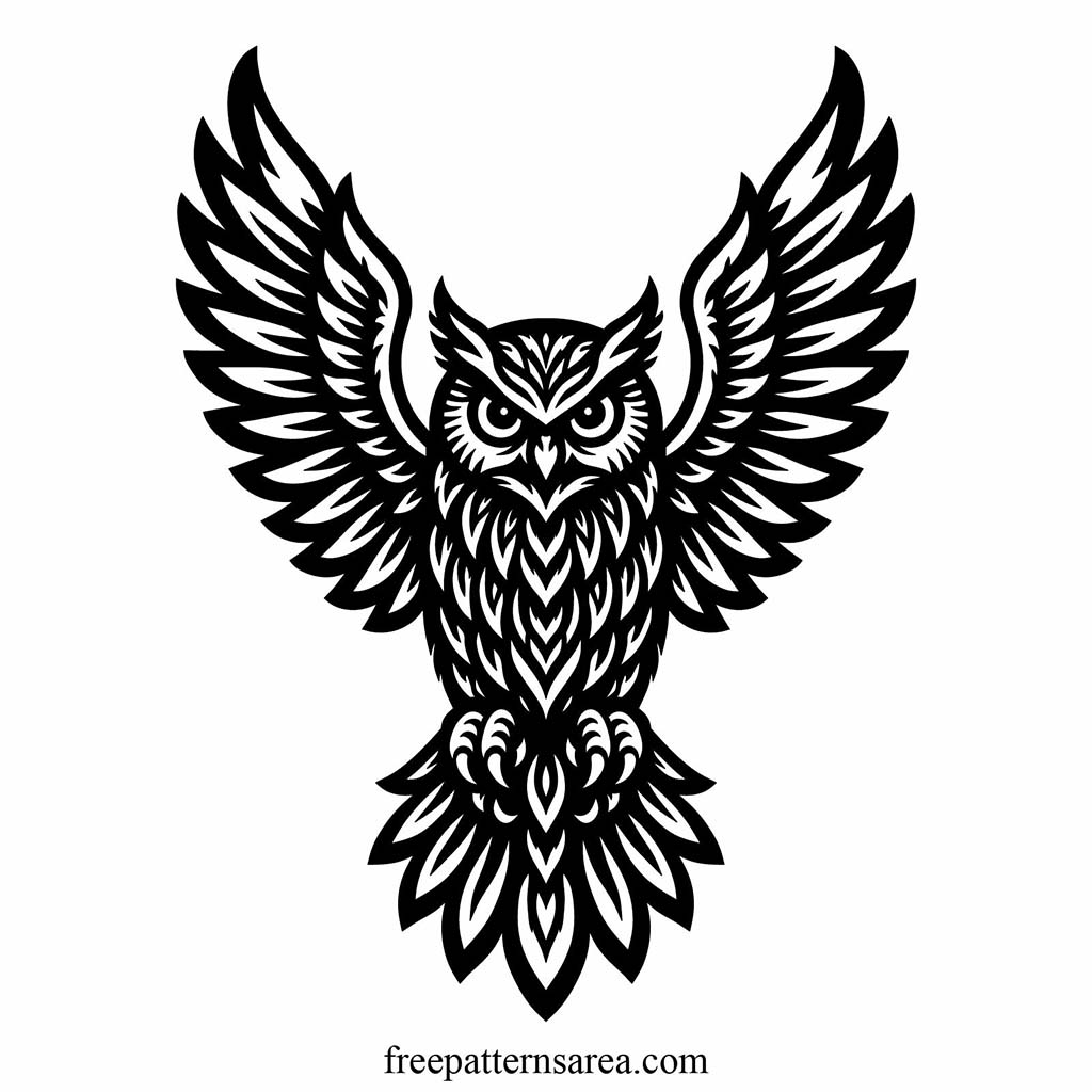 Wide symmetrical open-wing owl vector design, connected cutwork owl artwork for wall art, decals, and graphics