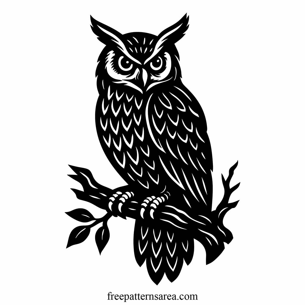 Front-facing owl on a bare branch, black and white owl clipart and vector image with tattoo stencil style detail
