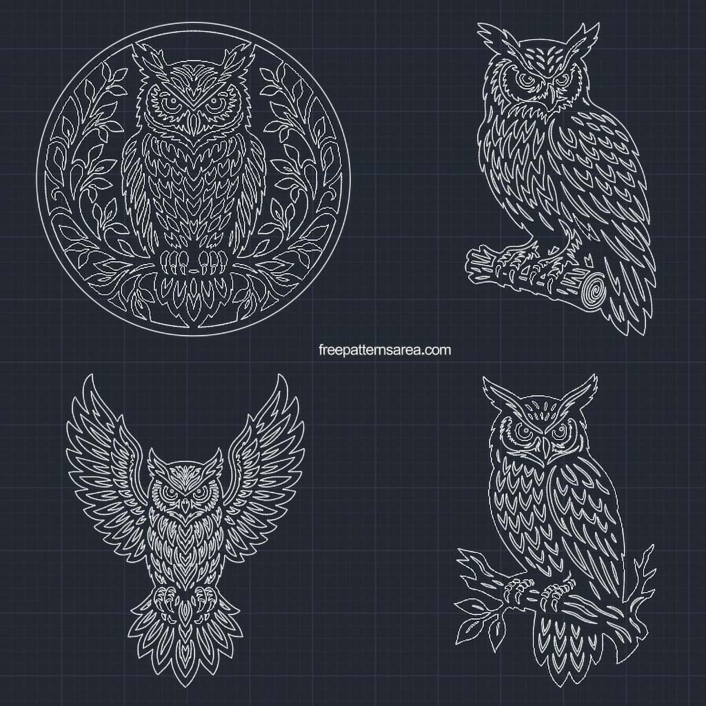 Owl DWG file shown in AutoCAD, 2D CAD owl design and CAD block for hatching, CAD/CAM, and CNC routing