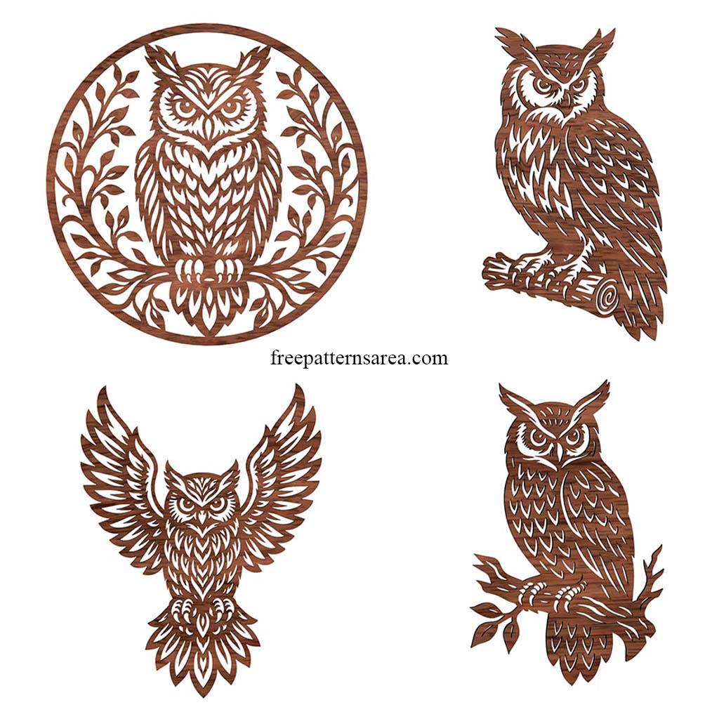 Four connected owl cutwork designs from the DXF file for laser cutting and 2-axis cutting workflows