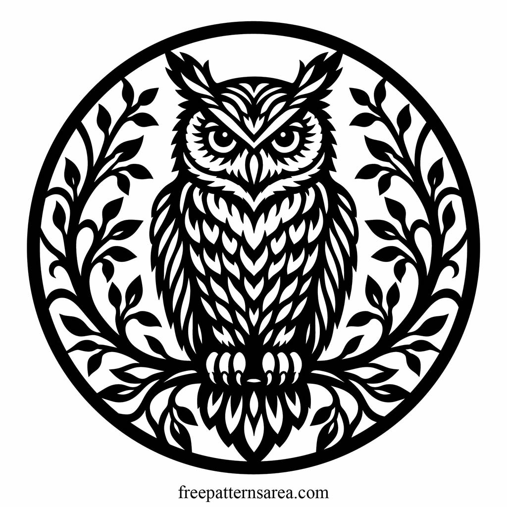 Front-facing owl vector image inside a round leafy frame, connected cutwork design for wall art, decals, and graphics