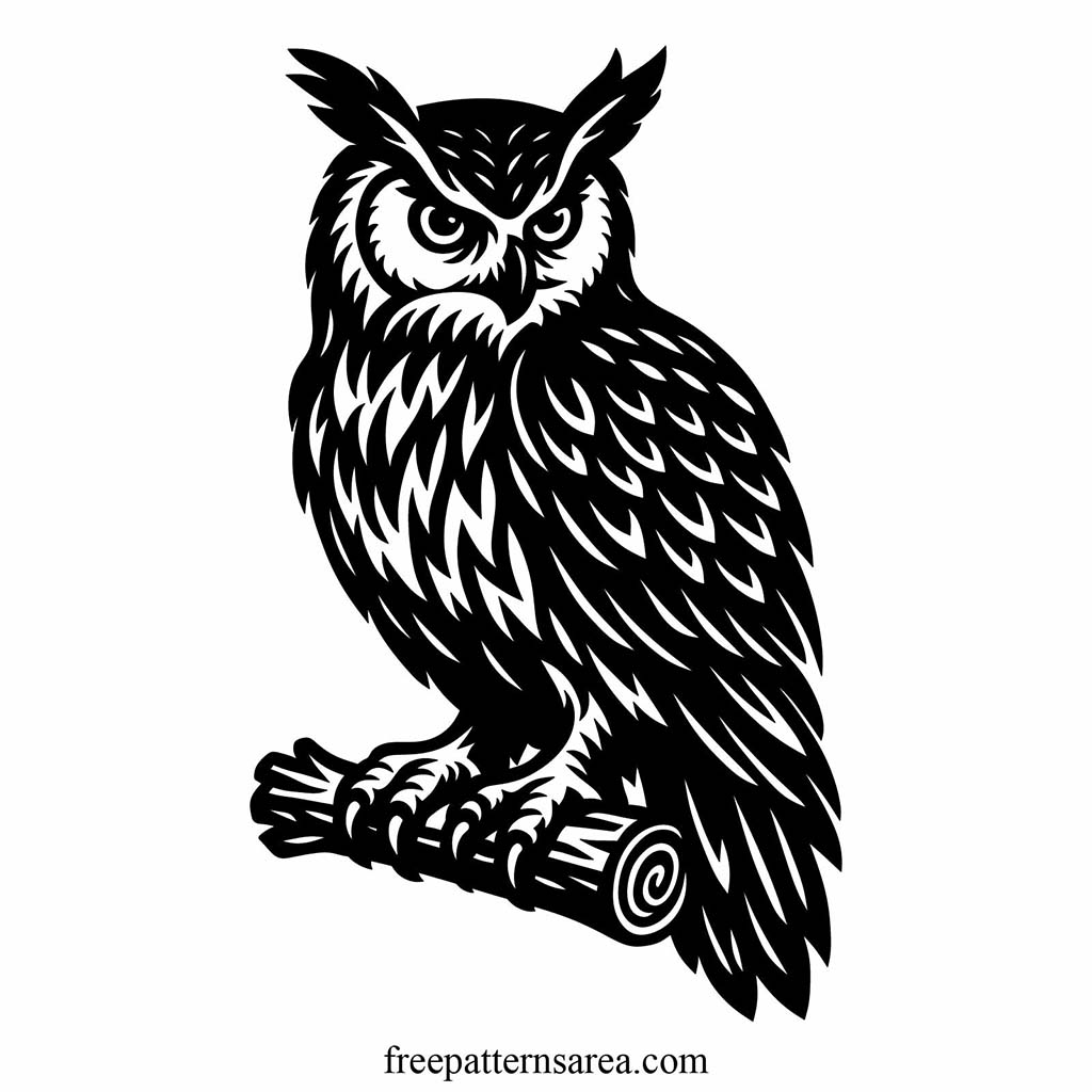 Side-turned owl silhouette perched on a log, detailed black and white owl vector image for wall art and decals