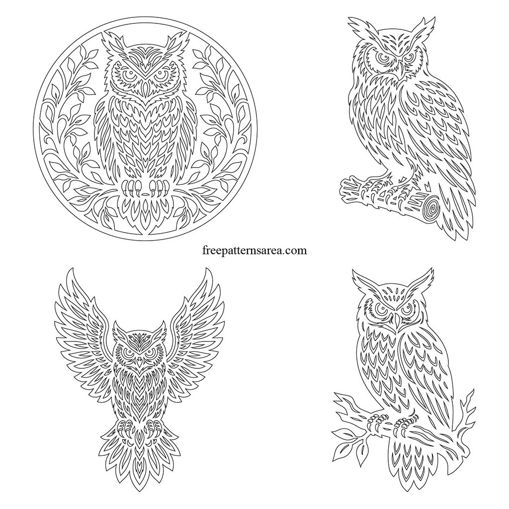 Printable owl outline templates for tracing, transfer, and tattoo stencil reference, four detailed owl patterns