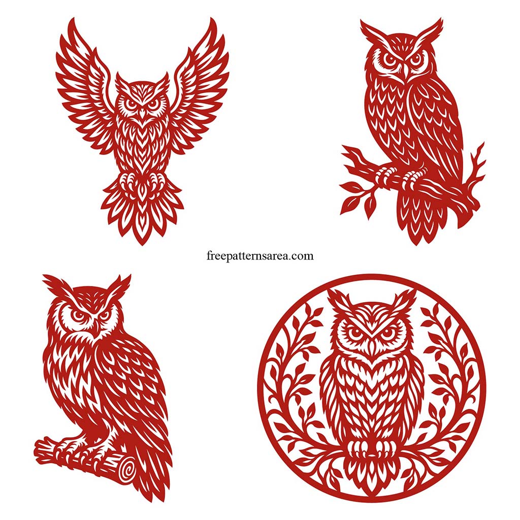 Four connected owl SVG cut files, vector owl designs for vinyl decals, wall art, and craft cutting machines