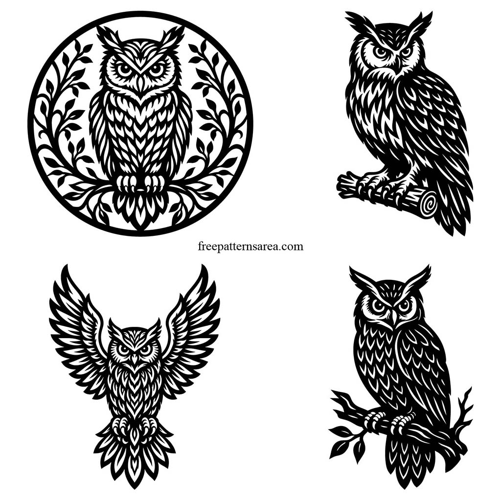 Set of four black and white owl vector designs: leafy circle, log owl, open-wing owl, and bare-branch owl