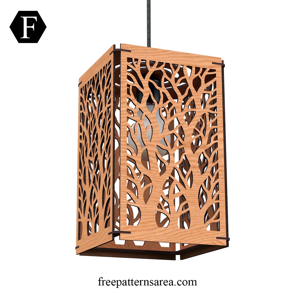 Wooden laser cut hanging lamp shade lit as a modern rectangular pendant, with tree and branch cutwork design