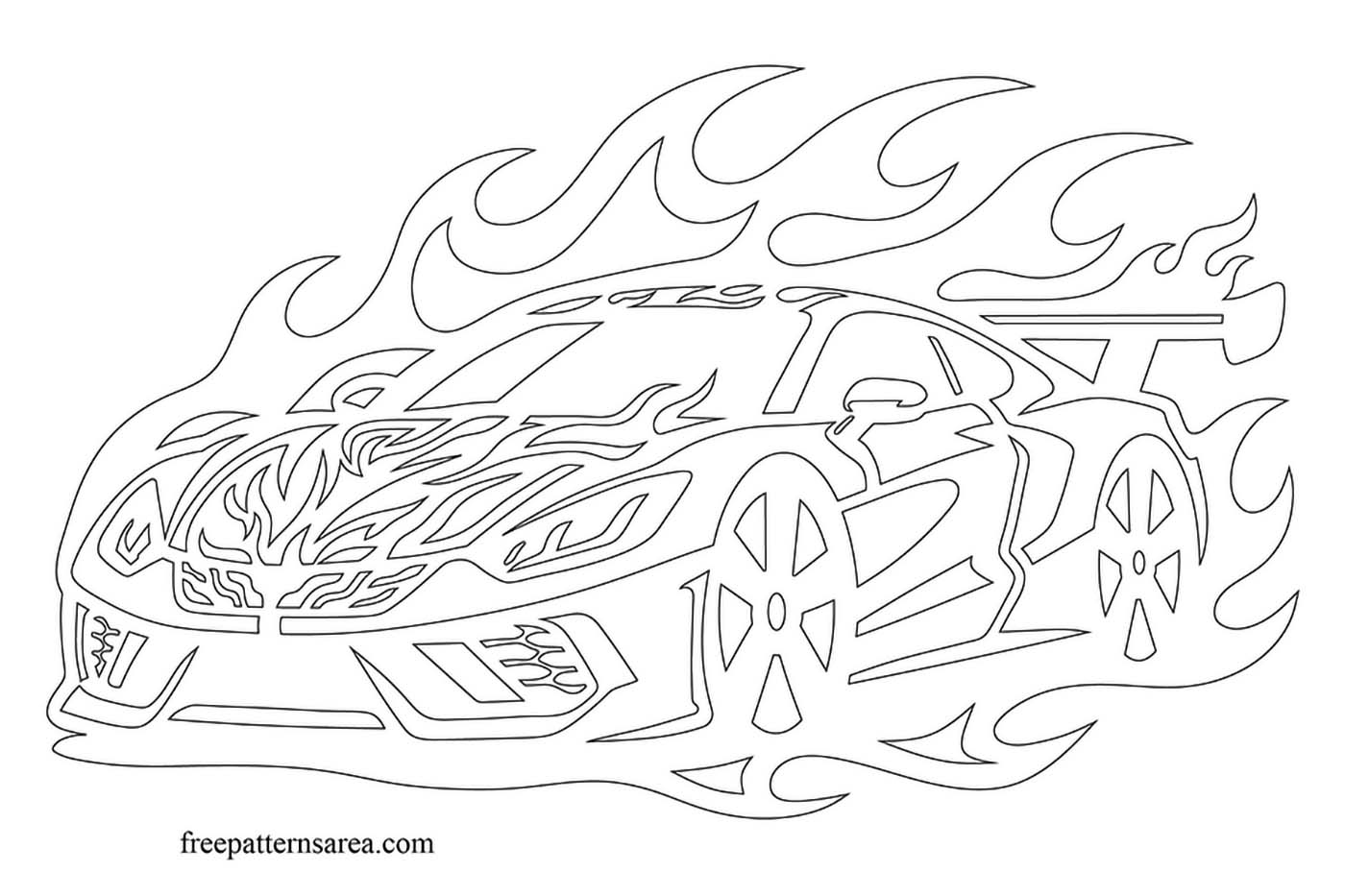 Free Printable Racing Car PDF Cut Out Template Free printable racing car PDF cut out template with large wheels, rear wing, and flame outline for tracing, coloring, and hand cutting.