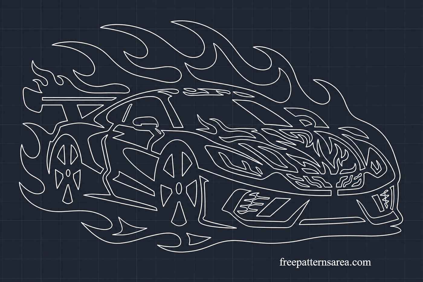 Free Racing Car DWG CAD Block Drawing with Flames Free racing car DWG CAD block style drawing with large wheels, rear wing, and flames for AutoCAD, CAD/CAM, and CNC design work.