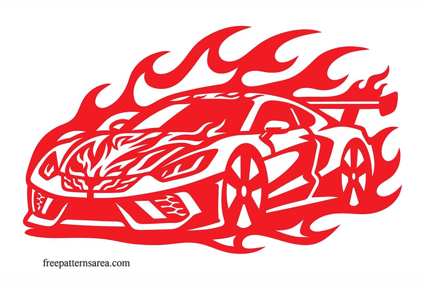 Race Car with Flames SVG Cut Design Free racing car SVG cut design with large wheels, rear wing, and integrated flame artwork for decals, stencils, and cutting.