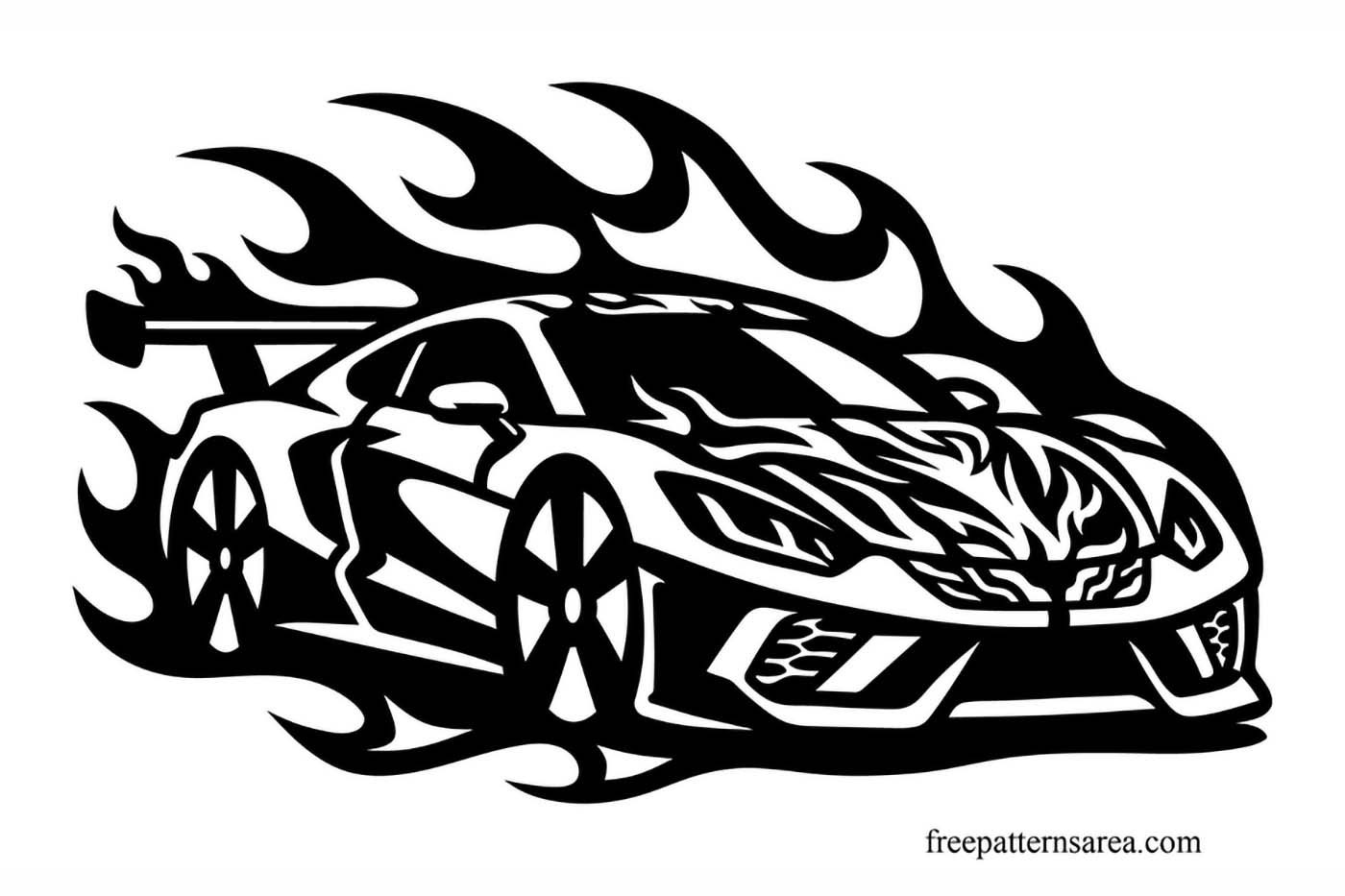 Free racing car vector art and PNG image with flames, large wheels, and rear wing.