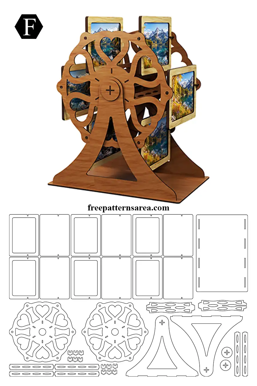 Ferris wheel photo frame laser cutter project with the assembled wooden design, cutting layout and free SVG, DXF and CDR files.