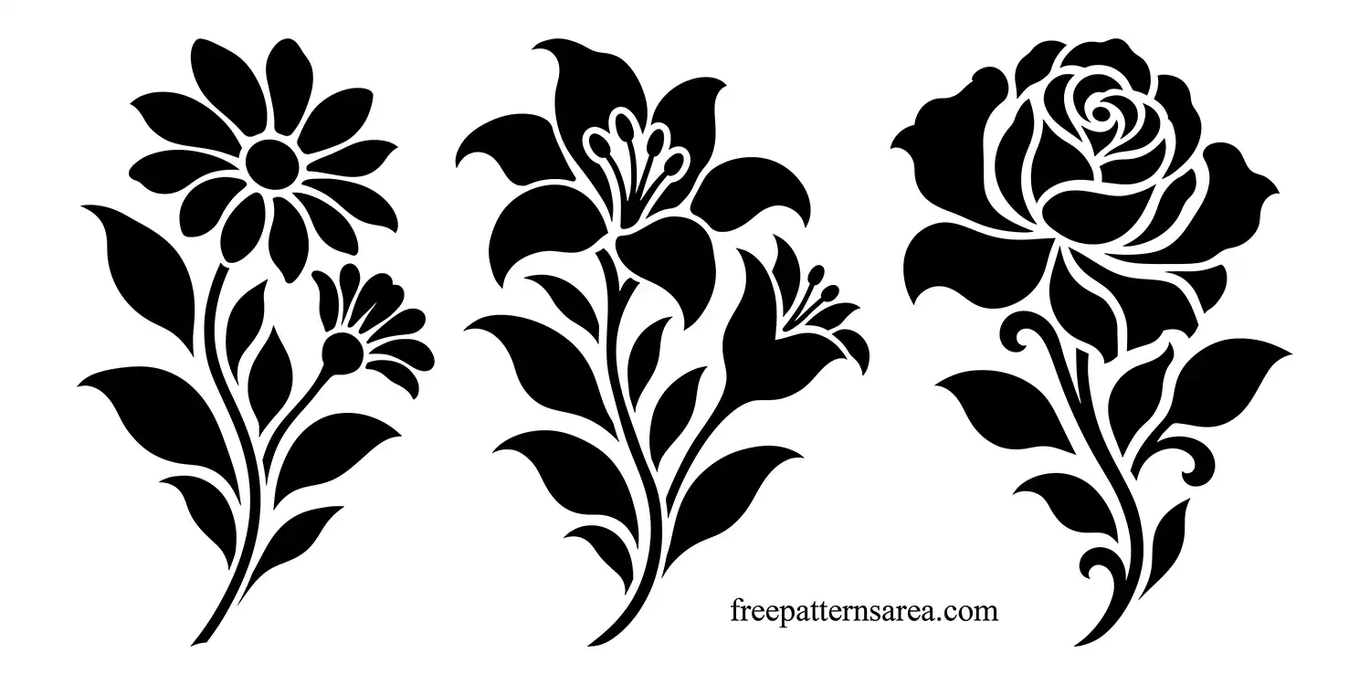 Three black flower stencil designs featuring a daisy, lily and rose, with detailed petals, curved stems and pointed leaves.