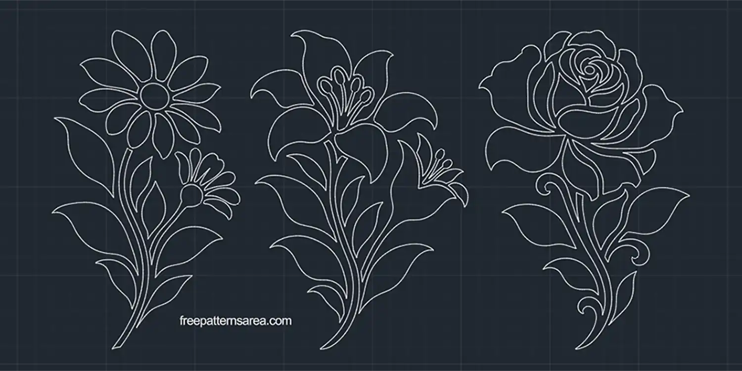DWG drawing of daisy, lily and rose flower stencil designs, with petal, leaf and stem contours for CAD layouts and CNC engraving preparation.