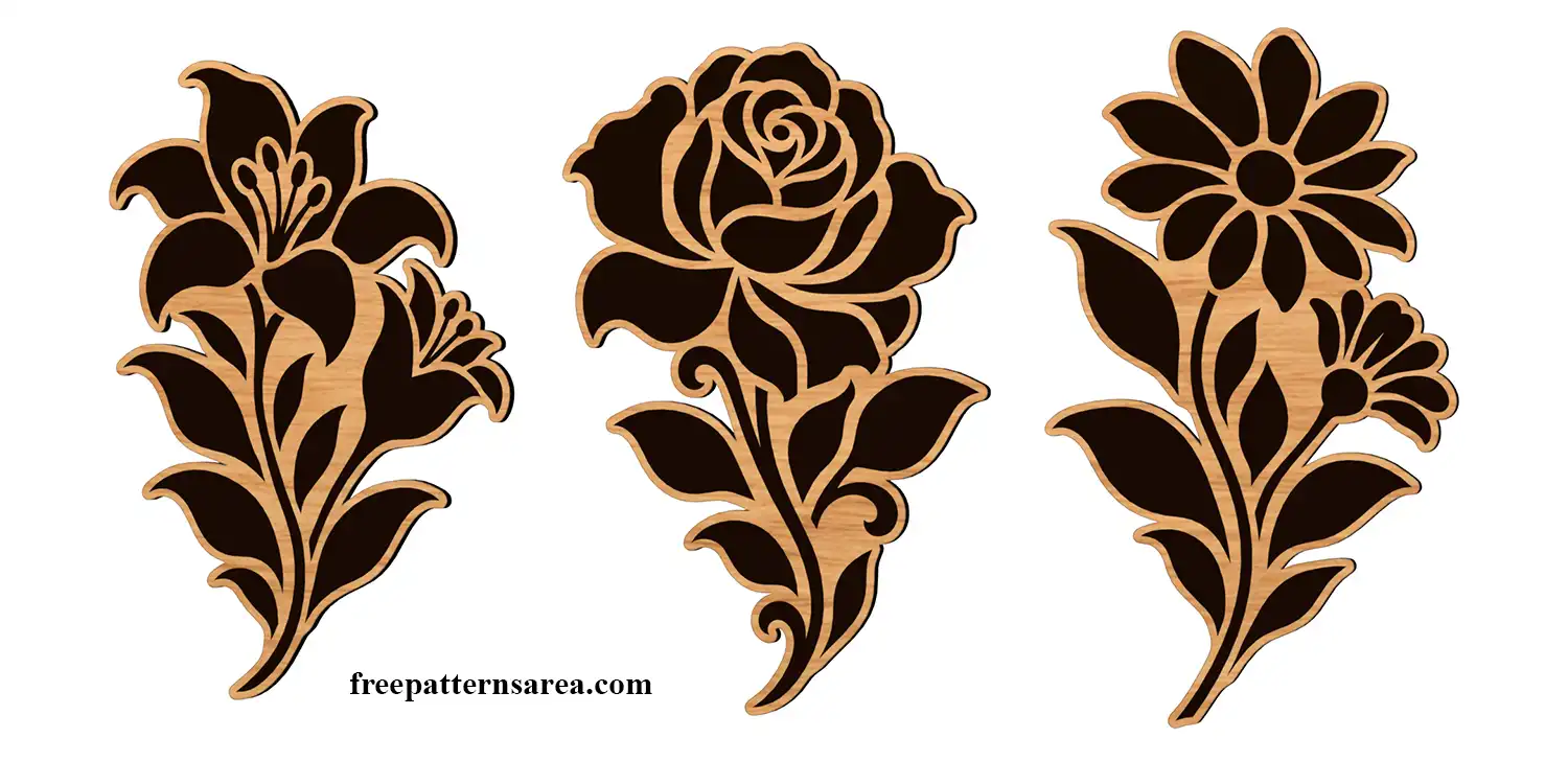 Flower stencil DXF designs featuring a daisy, lily and rose with curved stems and leaves, for laser and plotter cutting.